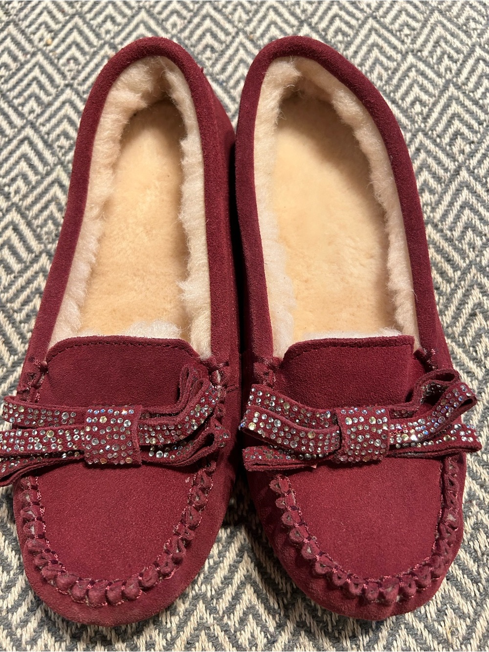 BearPaw Burgundy Suede Moccasin Slippers with Bow Detail Bedazzled Bows